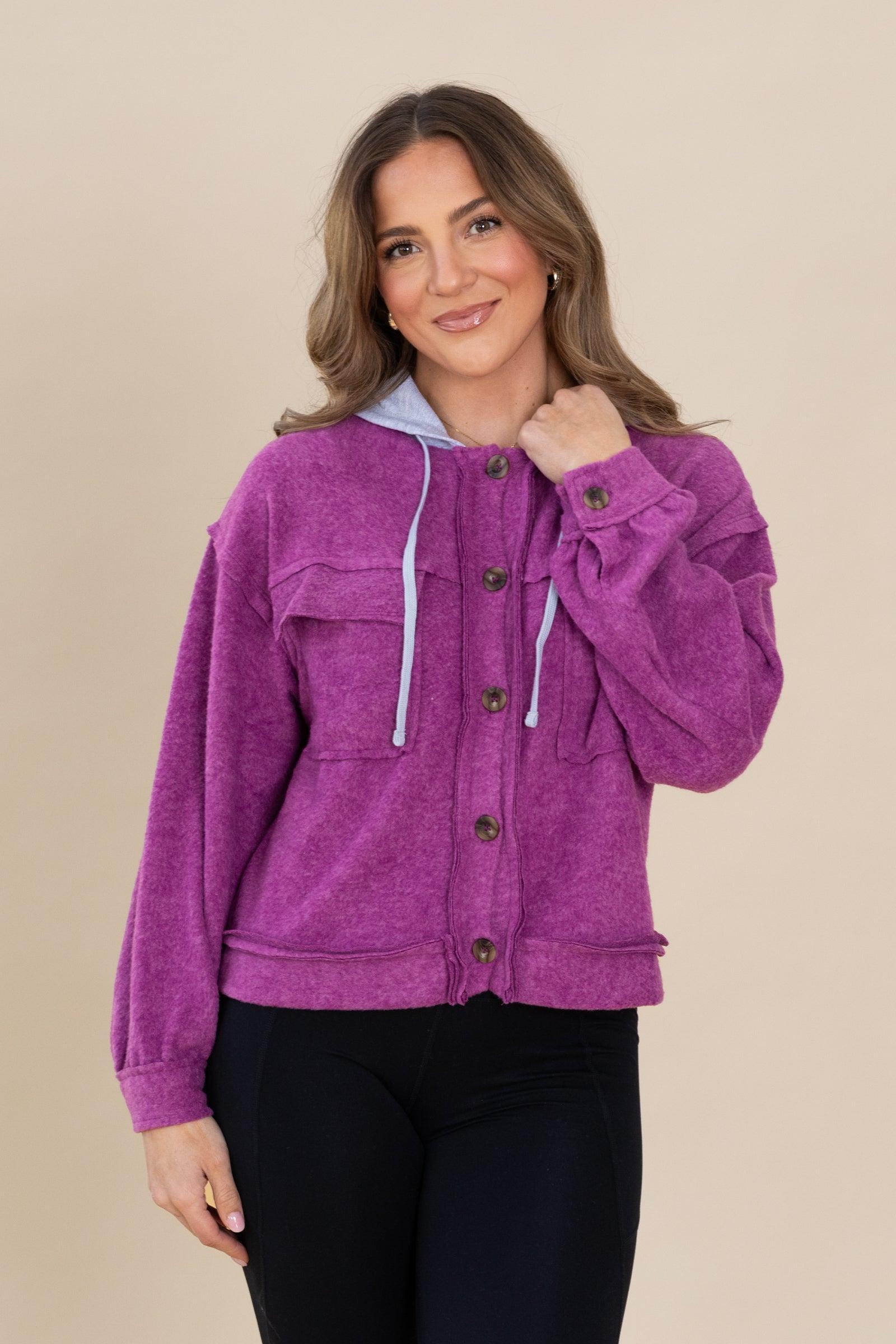 Brushed Hacci Hooded Button Down Shacket Product Image