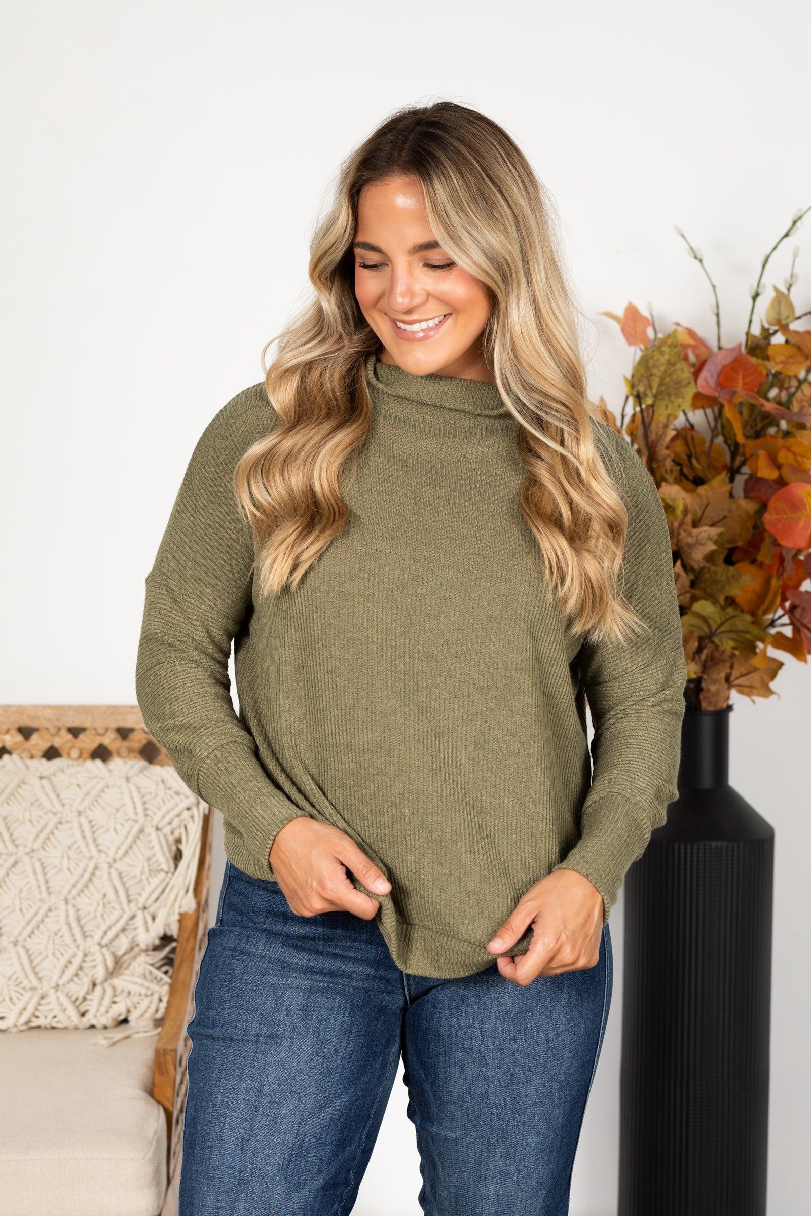 Cowl Neck Ribbed Long Sleeve Knit Top Product Image