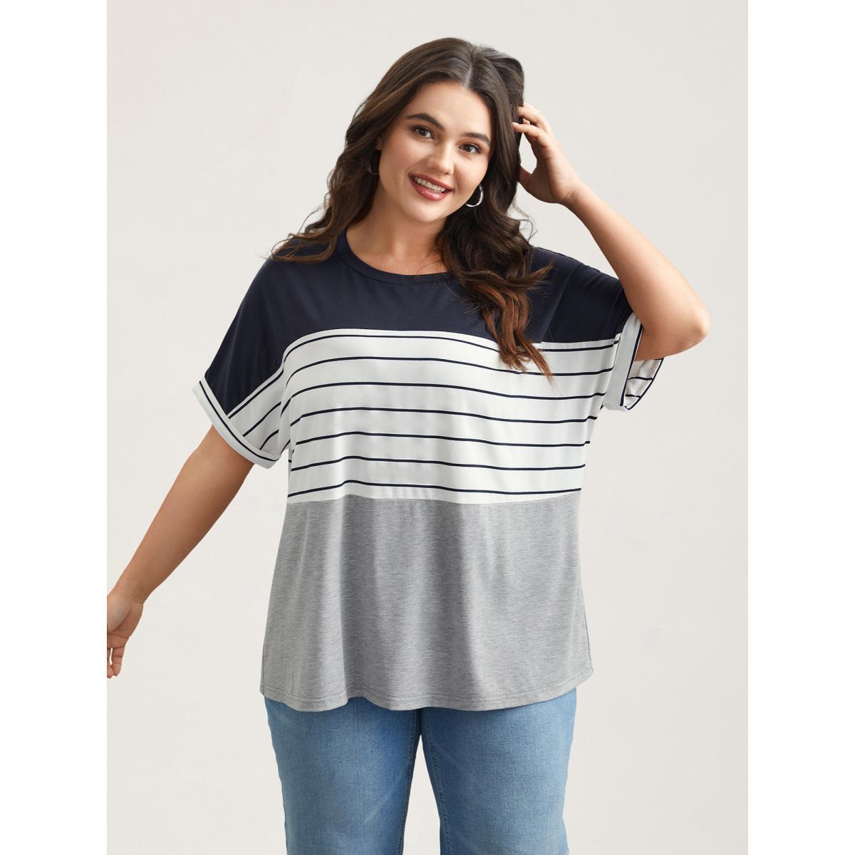 Plus Size Color-Block Stretchy Stripes T-Shirt DarkBlue Women Leisure Contrast Round Neck Casual T-shirts BloomChic 14-16/1X Product Image