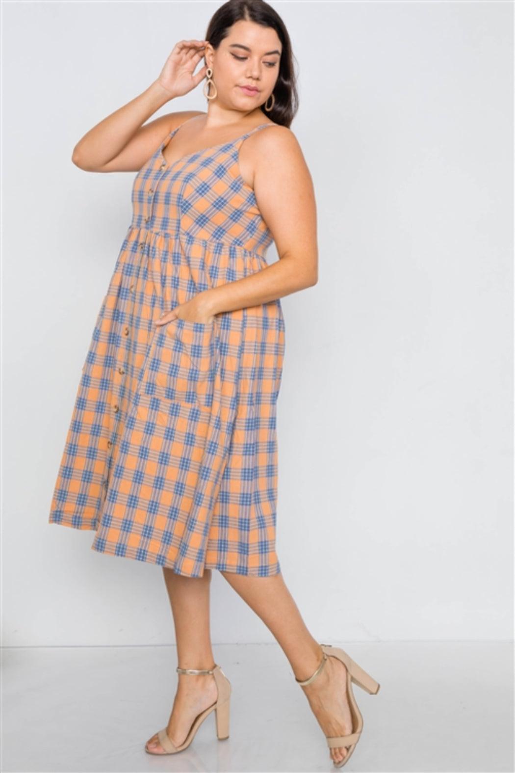 Plus Size Orange Plaid V-Neck Midi Dress Product Image