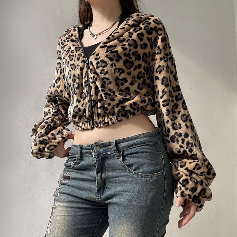 Leopard Print Zip Cropped Hoodie Product Image