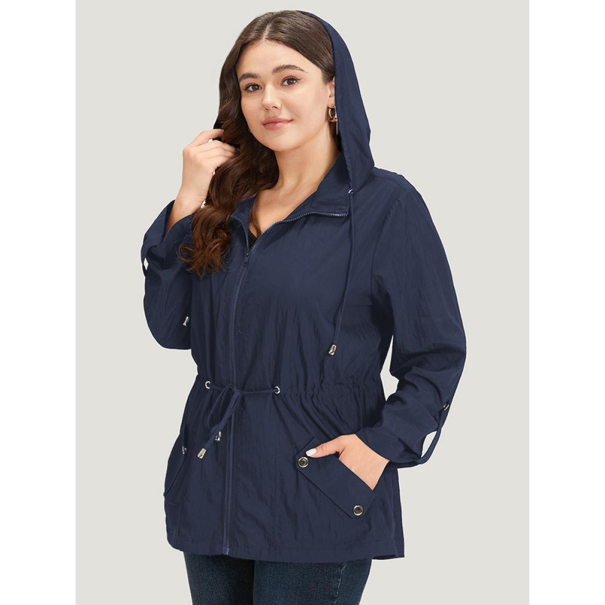 Plus Size Plain Hooded Zipper Drawstring Tab Sleeve Coat Women Indigo Plain Pocket Everyday Jackets BloomChic 10/M Product Image