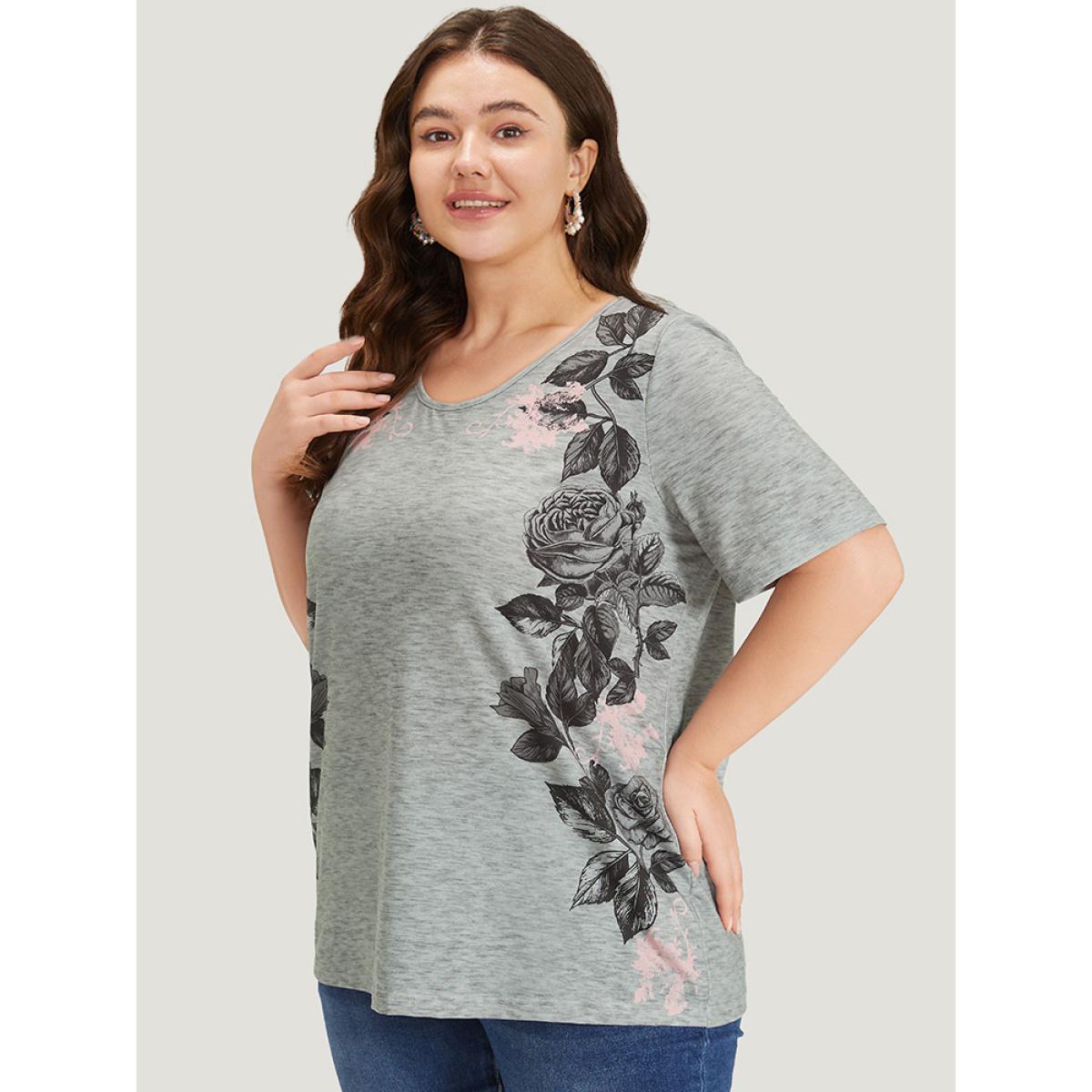 Plus Size Floral Print Contrast Crew Neck T-shirt Gray Women Elegant Printed Floral Round Neck Dailywear T-shirts BloomChic 28/5X Product Image