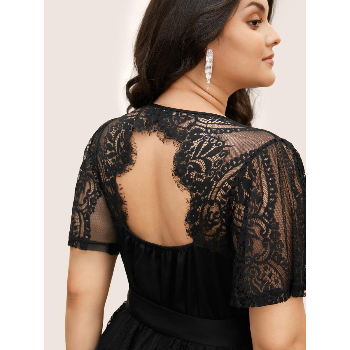 Plus Size Crochet Lace Mesh Backless Maxi Dress Black Women Formal Woven ribbon&lace trim V-neck Short sleeve Curvy BloomChic 22-24/3X Product Image