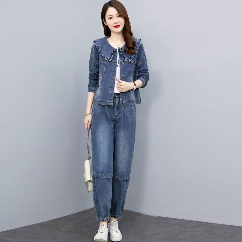 Set: Washed Denim Single-Breasted Jacket + High Rise Cropped Harem Jeans Product Image