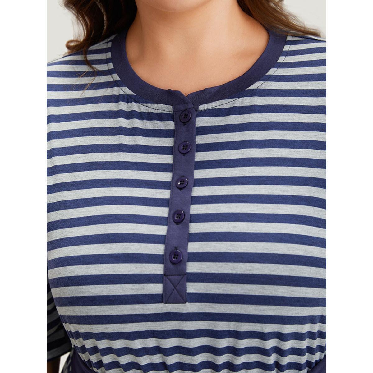Plus Size Striped Pocket Button Up Belted Crew Neck Dress Indigo Women Casual Belted Round Neck Half Sleeve Curvy Midi Dress BloomChic 14-16/1X Product Image