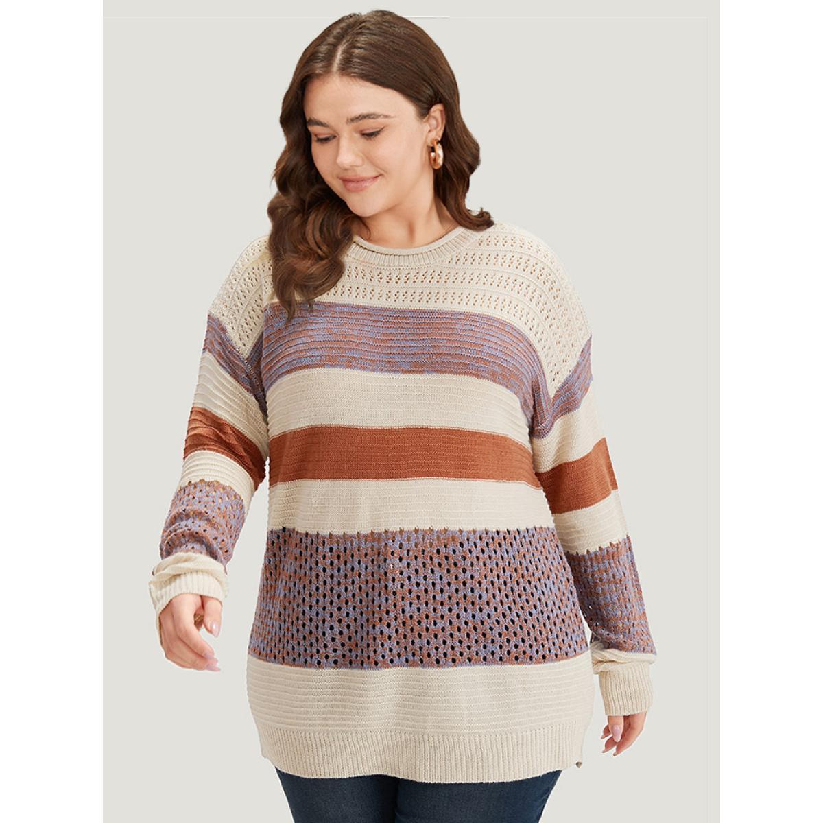 Plus Size Colorblock Contrast Drop Shoulder Cut Out Pullover Multicolor Women Casual Loose Long Sleeve Round Neck Dailywear Pullovers BloomChic 28/5X Product Image