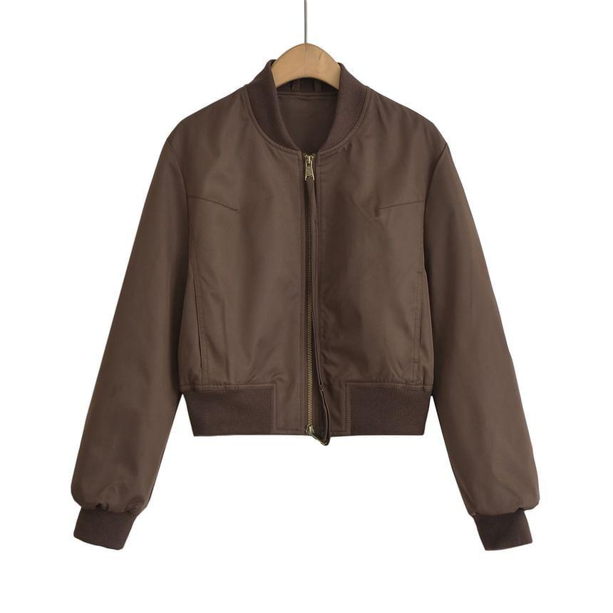 Plain Zip-Up Crop Bomber Jacket Product Image