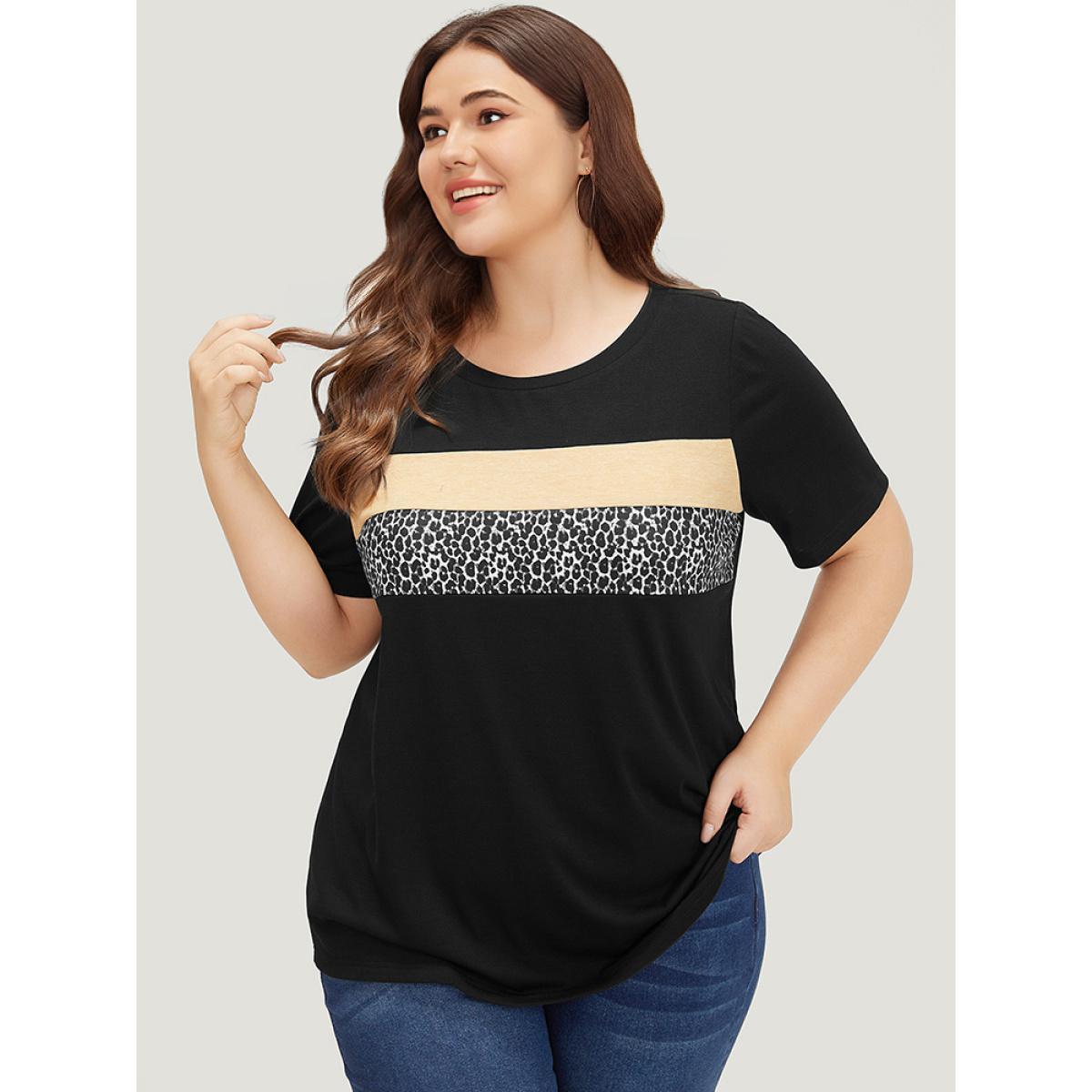Plus Size Supersoft Essentials Leopard Colorblock Contrast Round Neck T-shirt Black Women Casual Leopard Round Neck Dailywear T-shirts BloomChic 30/6X Product Image