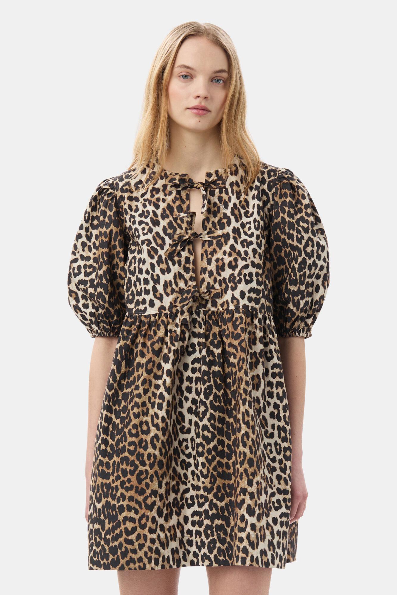 Leopard Printed Cotton Tie String Mini Dress Product Image