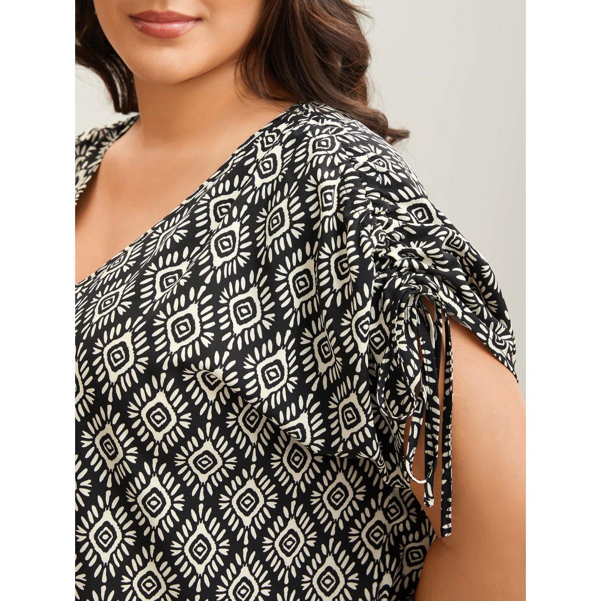 Plus Size Black Boho Print Drawstring Sleeve Blouse Women Cap Sleeve V-neck Vacation Blouses BloomChic 22-24/3X Product Image