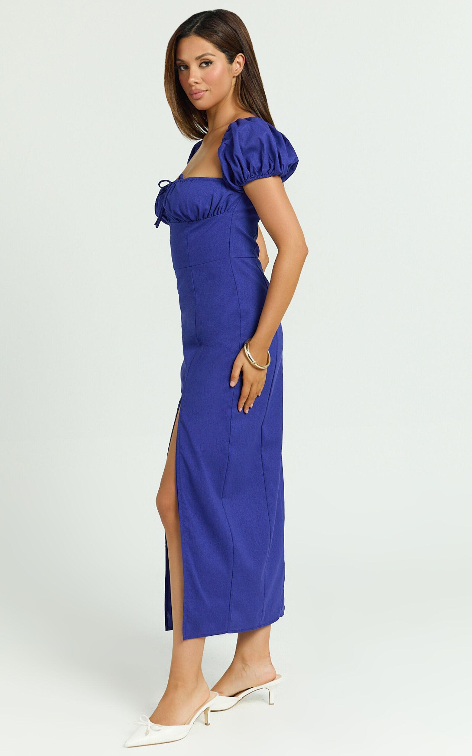 Robin Midi Linen Blend Dress - Puff Sleeve High Split Dress in Navy Product Image