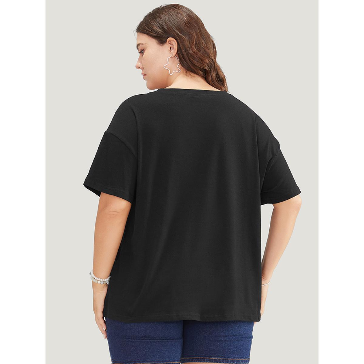 Plus Size Floral & Slogan Print Slightly Stretchy Casual T-shirt Black Women Casual Plain Natural Flowers Dailywear T-shirts BloomChic 14-16/1X Product Image