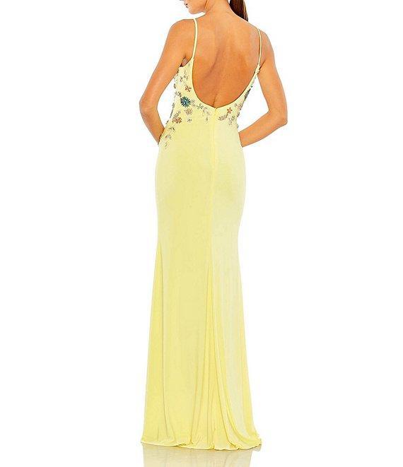 Mac Duggal Multi Color Floral Beaded V-Neck Sleeveless Open Back Detail Thigh High Slit Gown Product Image