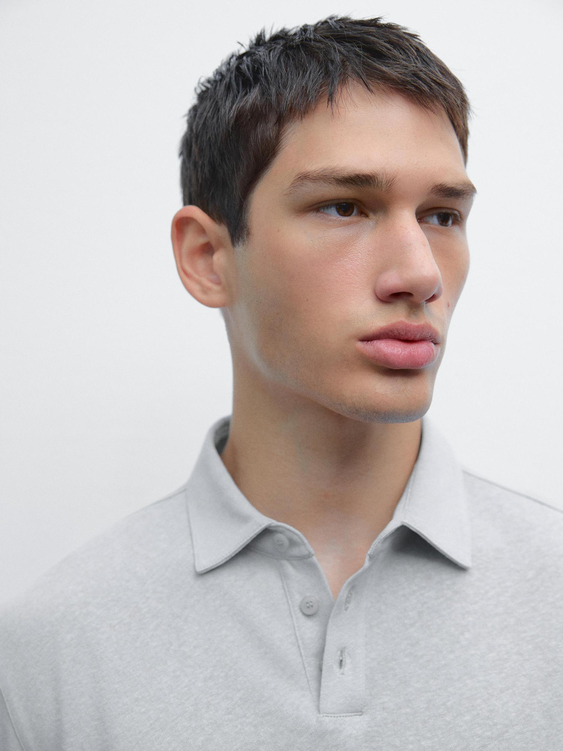 Short sleeve linen blend polo shirt Product Image