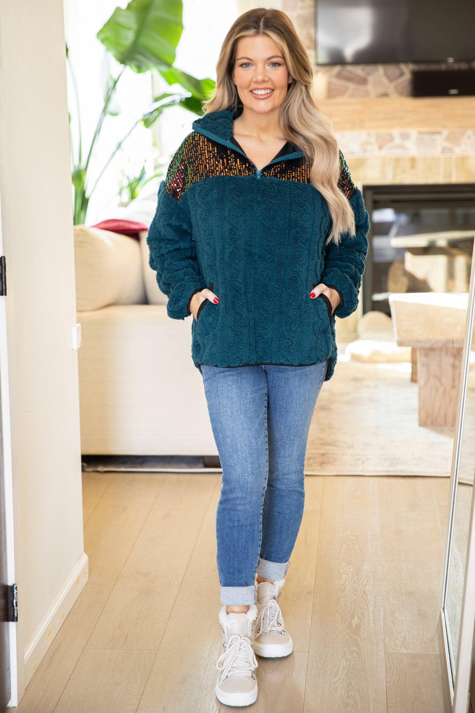 Teal Faux Fur Cable Pullover With Sequins Product Image