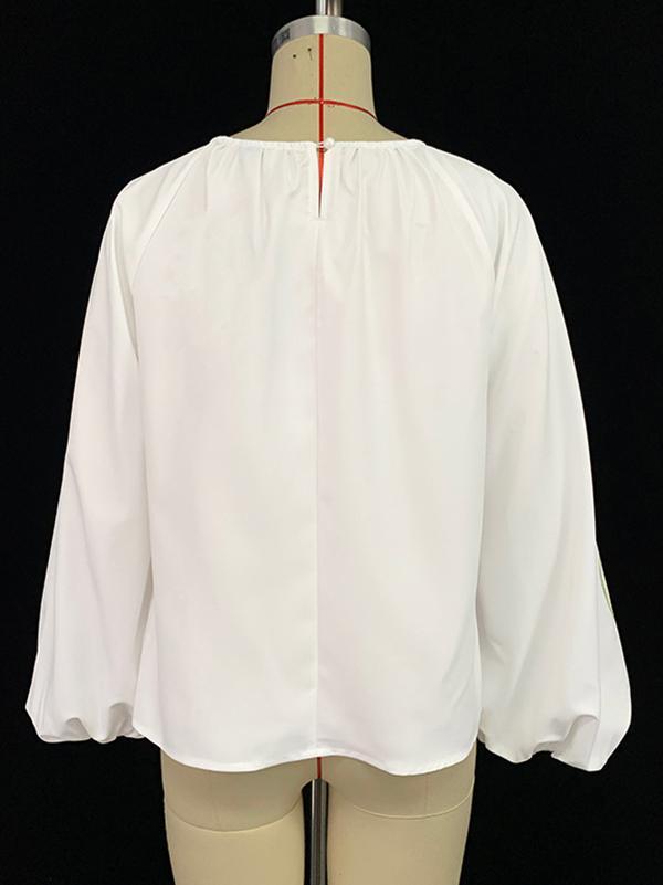 Long Sleeves Loose Elasticity Flower Print Pleated Round-neck Blouses&shirts Tops Product Image