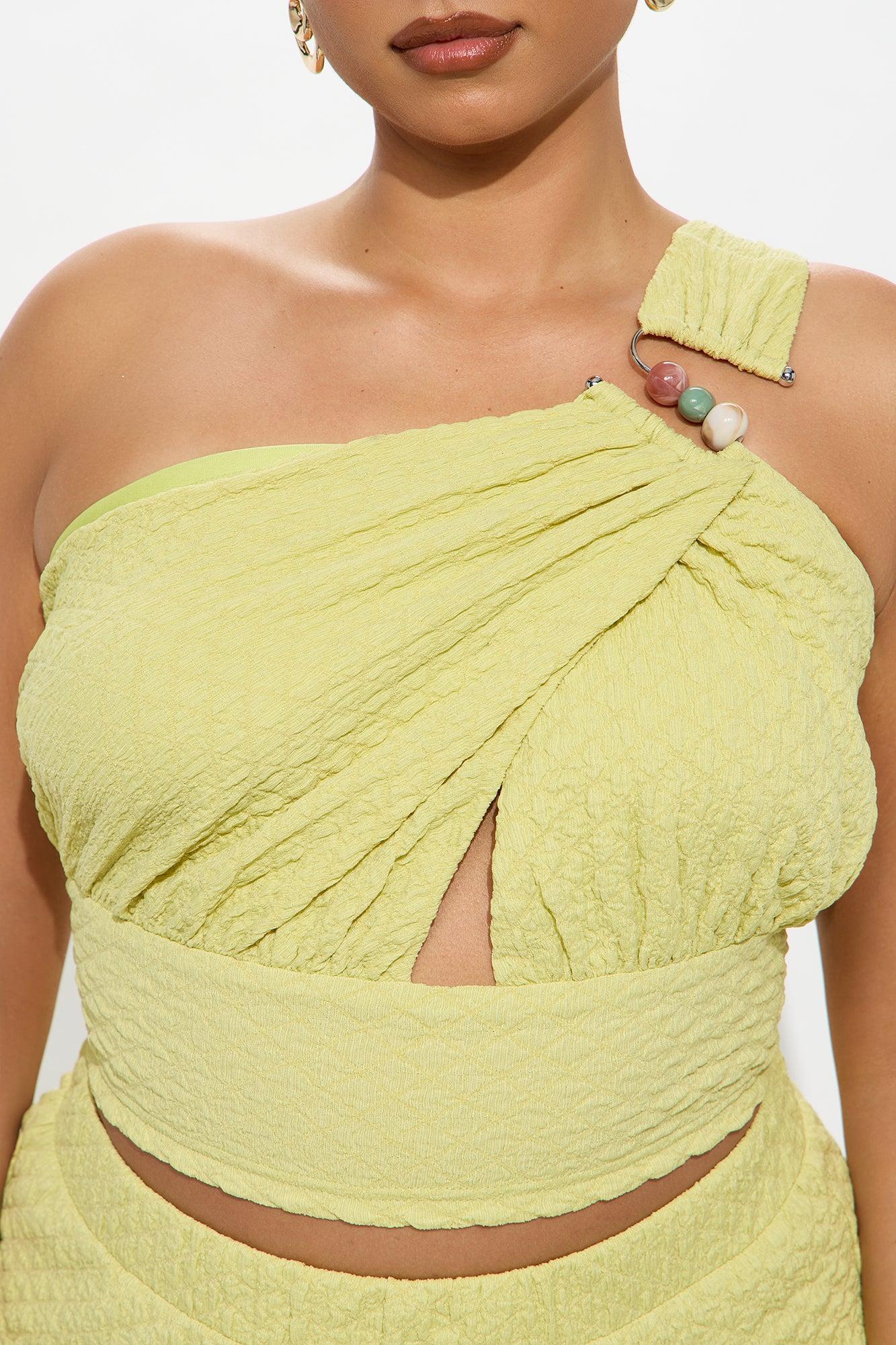 Aza One Shoulder Textured Flare Pant Set - Chartreuse Female Product Image