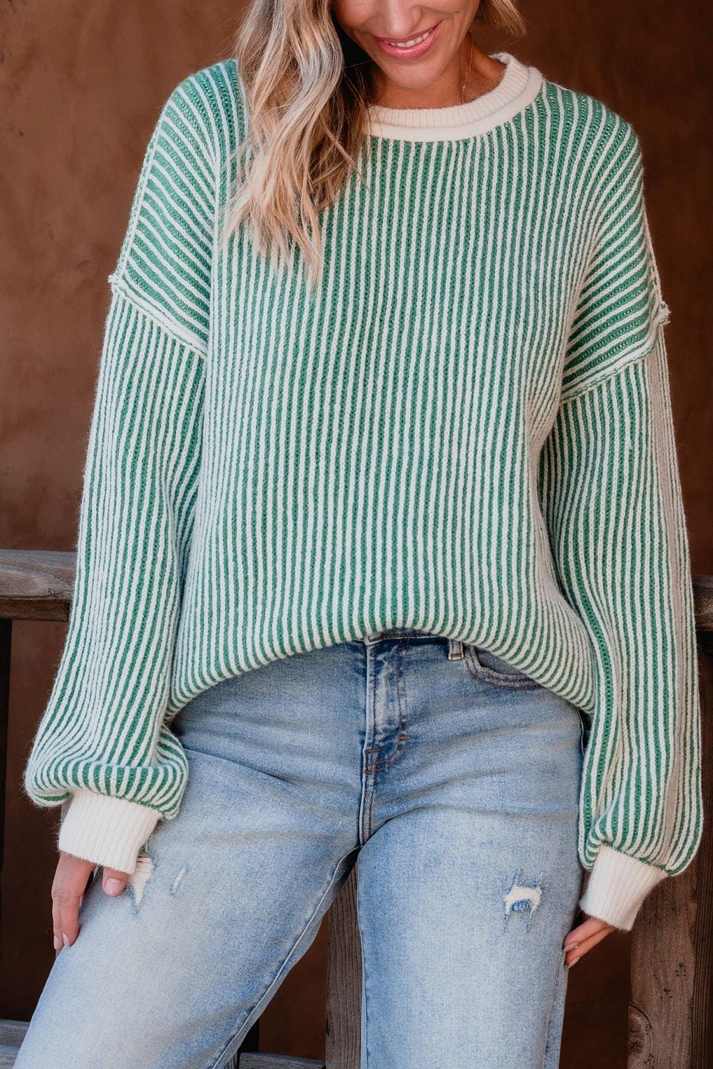 Green Striped Seam Detail Sweater - FINAL SALE Product Image