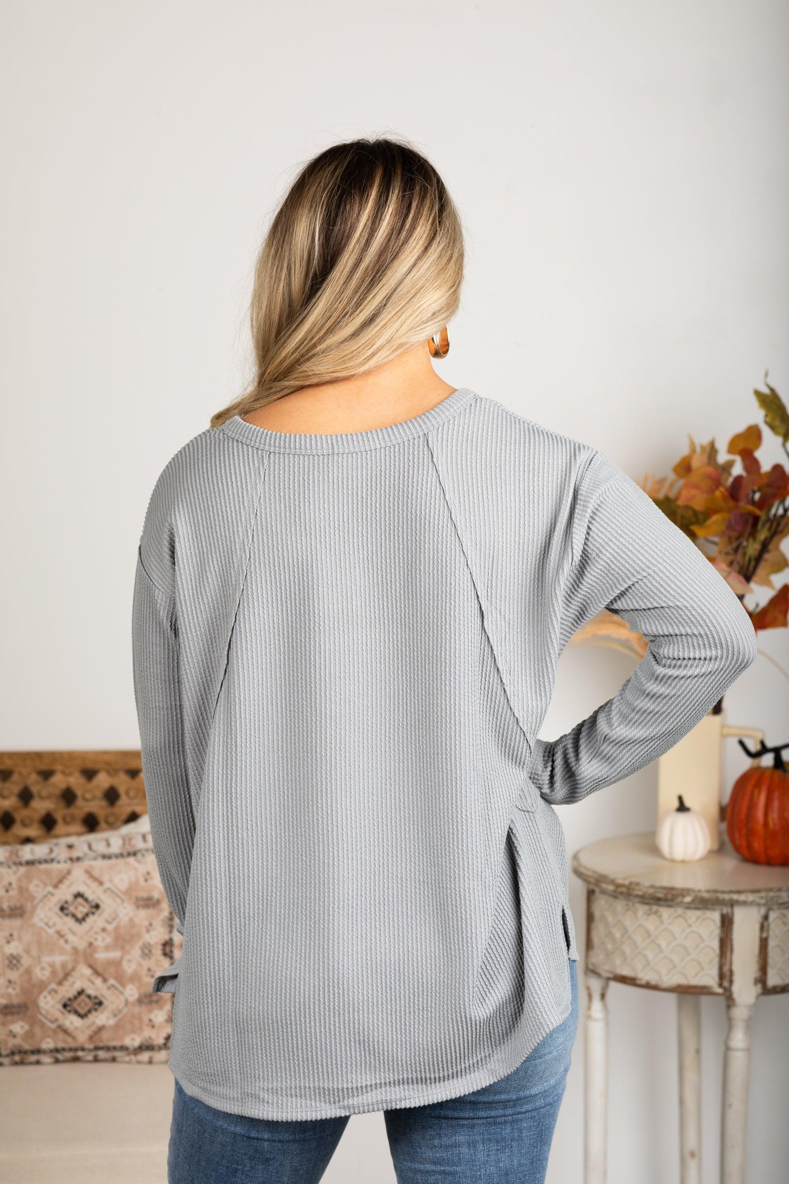 V-Neck Knit Ribbed Long Sleeve Top Product Image