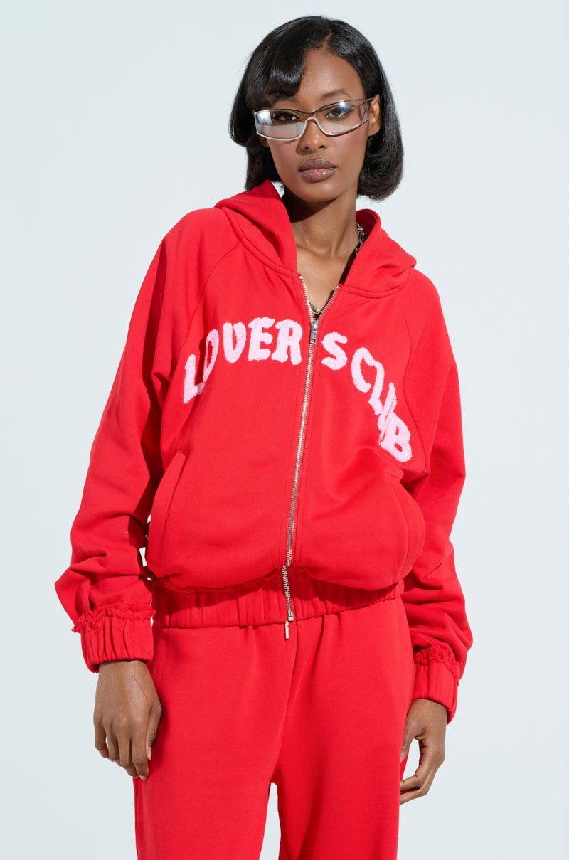 LOVERS CLUB ZIP UP HOODIE IN RED Product Image
