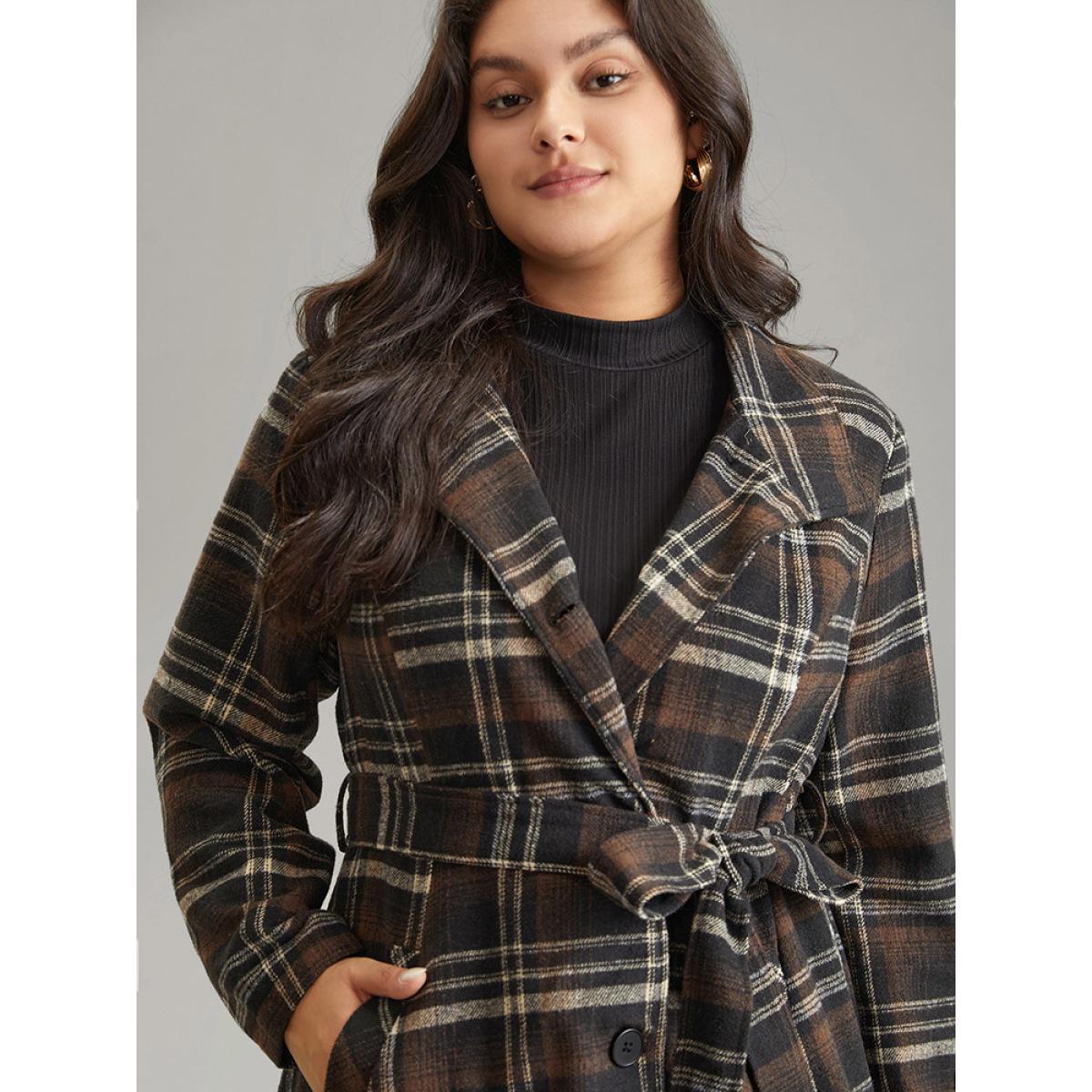 Plus Size Lapel Collar Plaid Button Through Belted Coat Women DarkBrown Elegant Lined Ladies Dailywear Winter Coats BloomChic 12/L Product Image