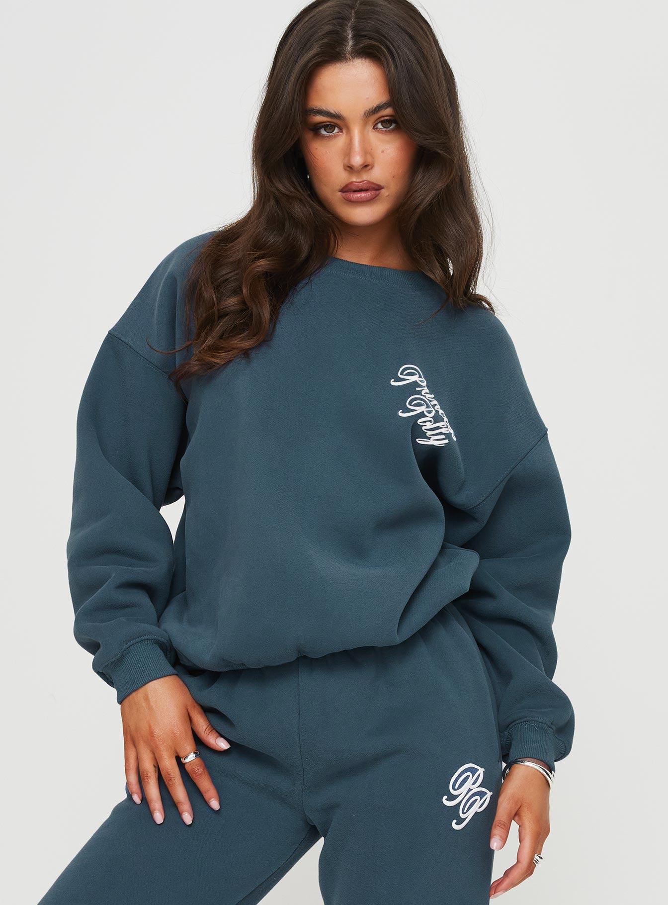 Princess Polly Crew Neck Sweatshirt Cursive Text Navy / White Product Image