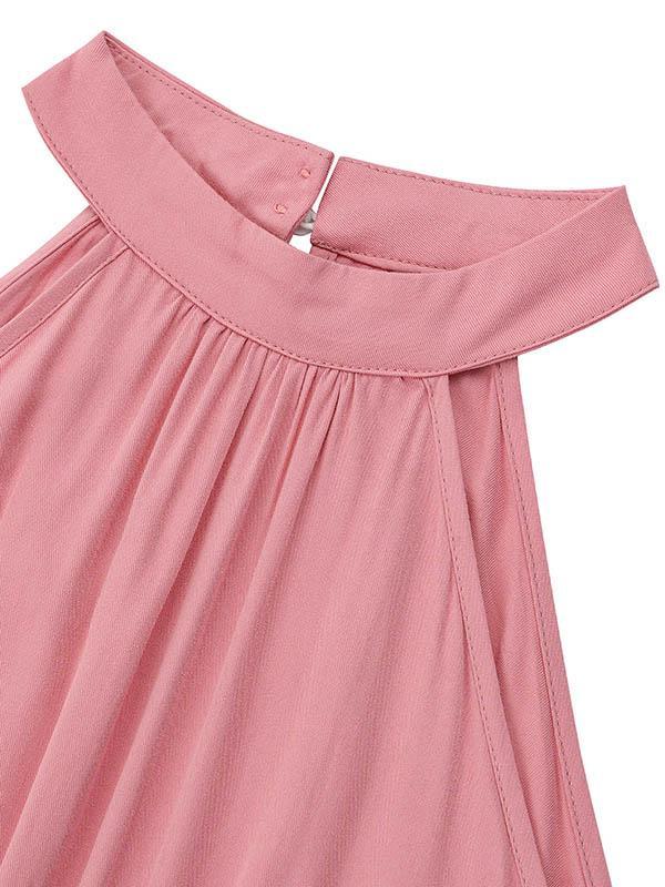High Waisted Loose Pleated Solid Color Split-Front Tied Waist Halter-Neck Jumpsuits Product Image