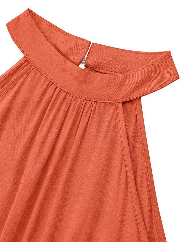 High Waisted Loose Pleated Solid Color Split-Front Tied Waist Halter-Neck Jumpsuits Product Image