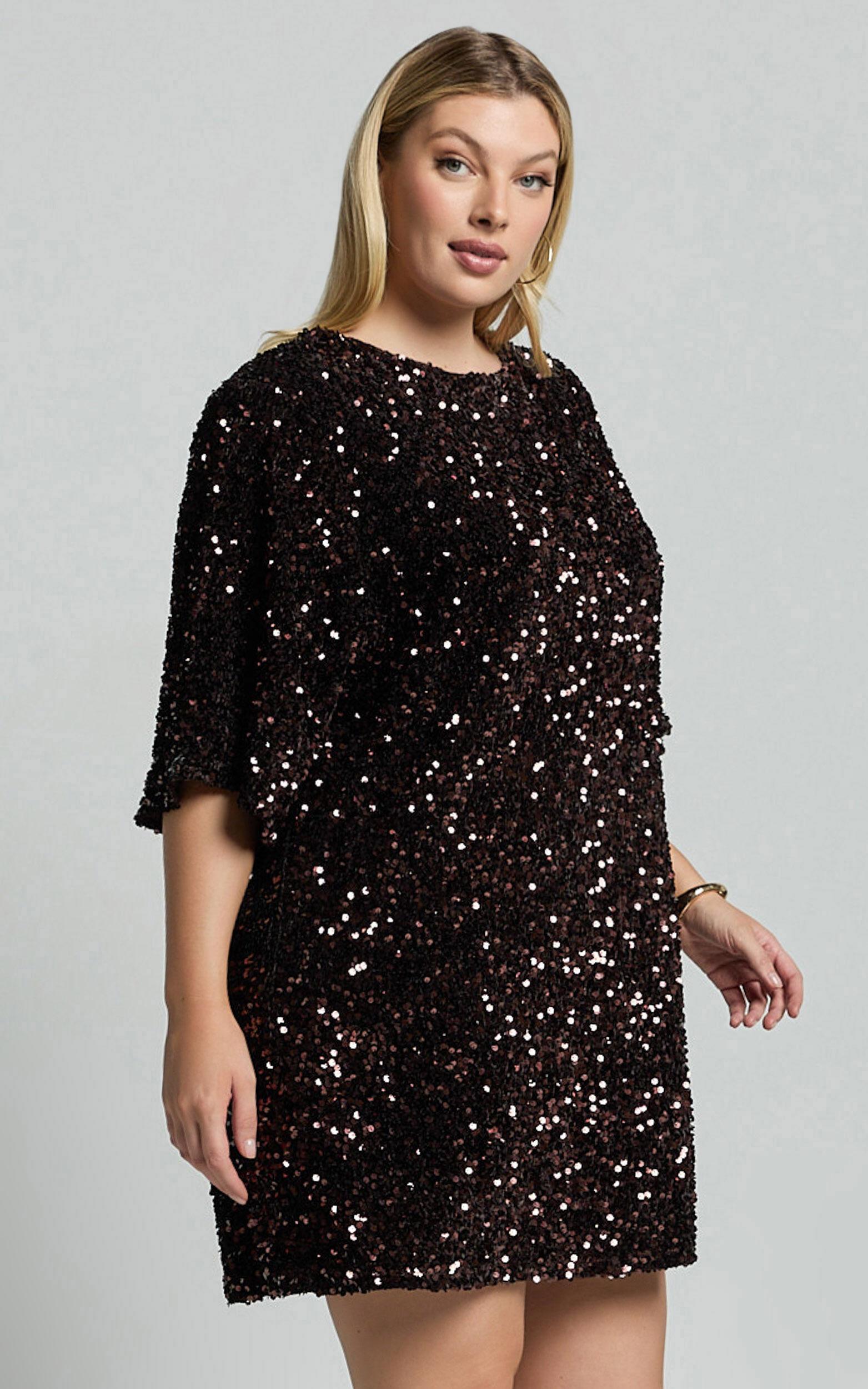 Valetta Mini Dress - Sequin low back shift dress in Chocolate Product Image