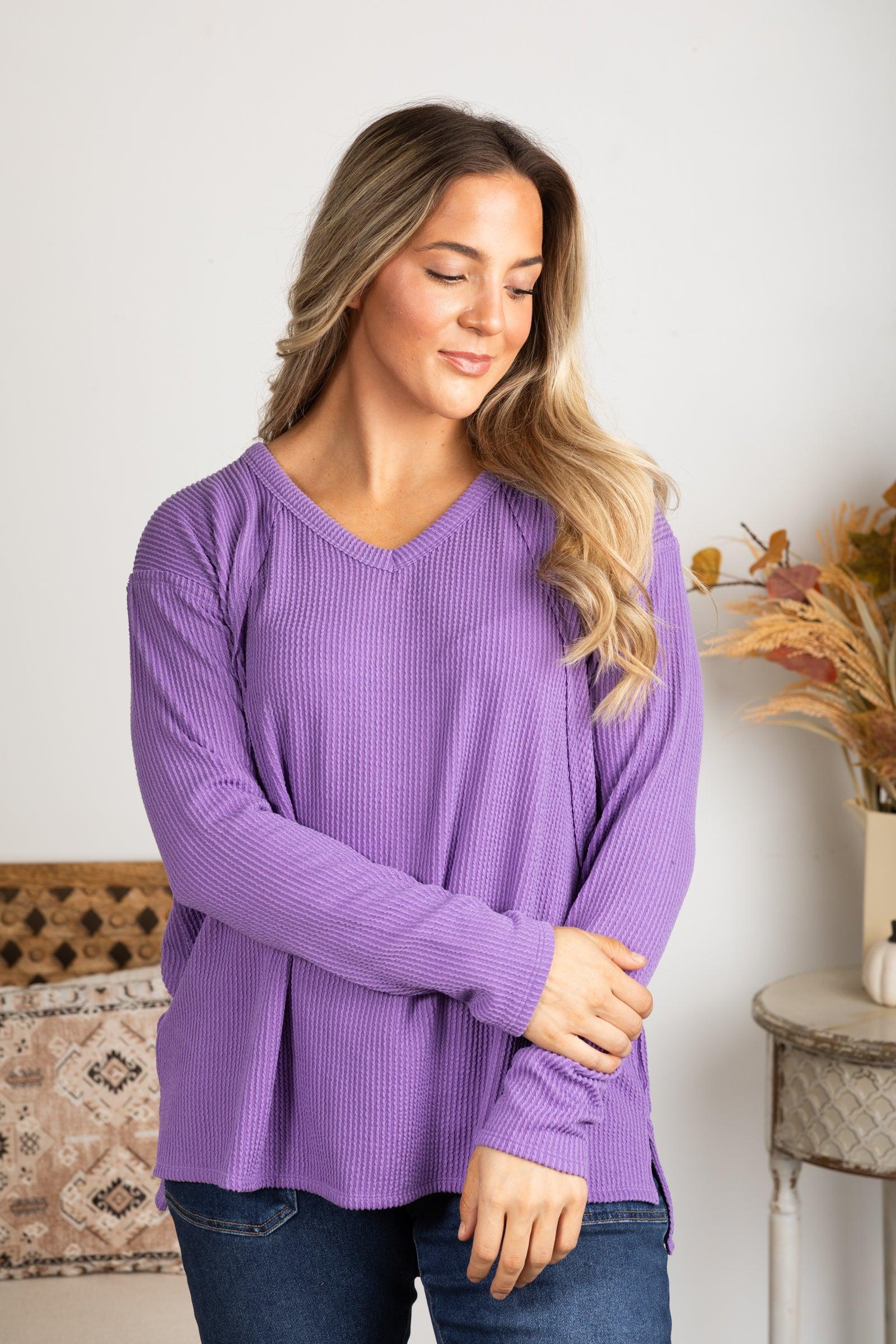 V-Neck Knit Ribbed Long Sleeve Top Product Image