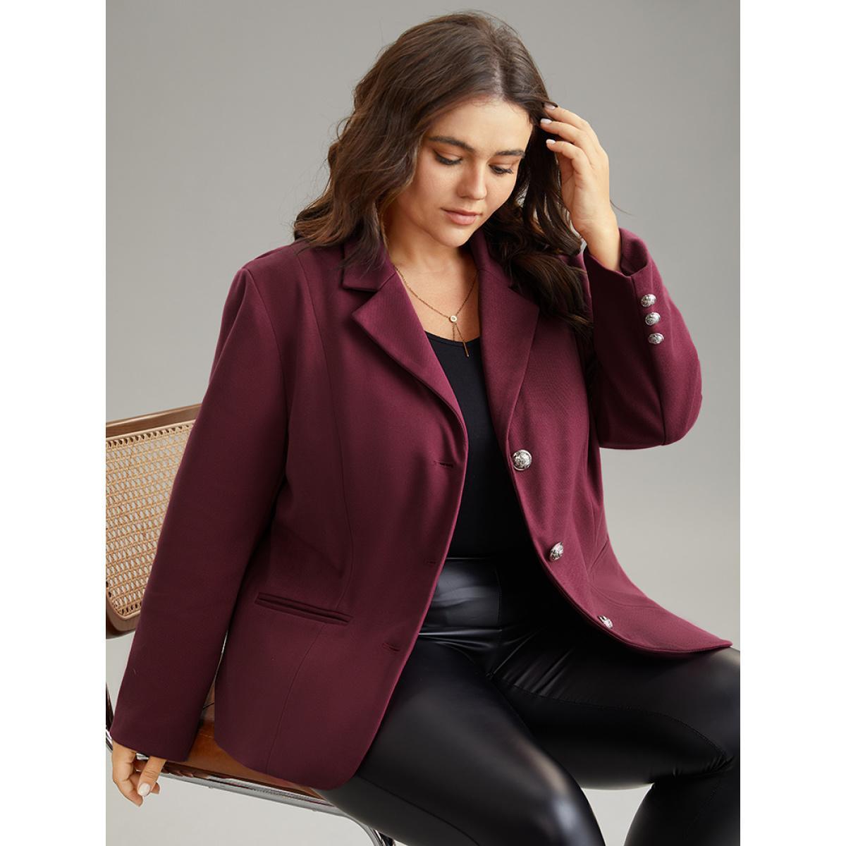 Plus Size Solid Button Fly Pocket Suit Collar Blazer Burgundy Women Office Plain Button Sleeve Long Sleeve Suit Collar 28/5X Pocket Elegant Blazers BloomChic Product Image
