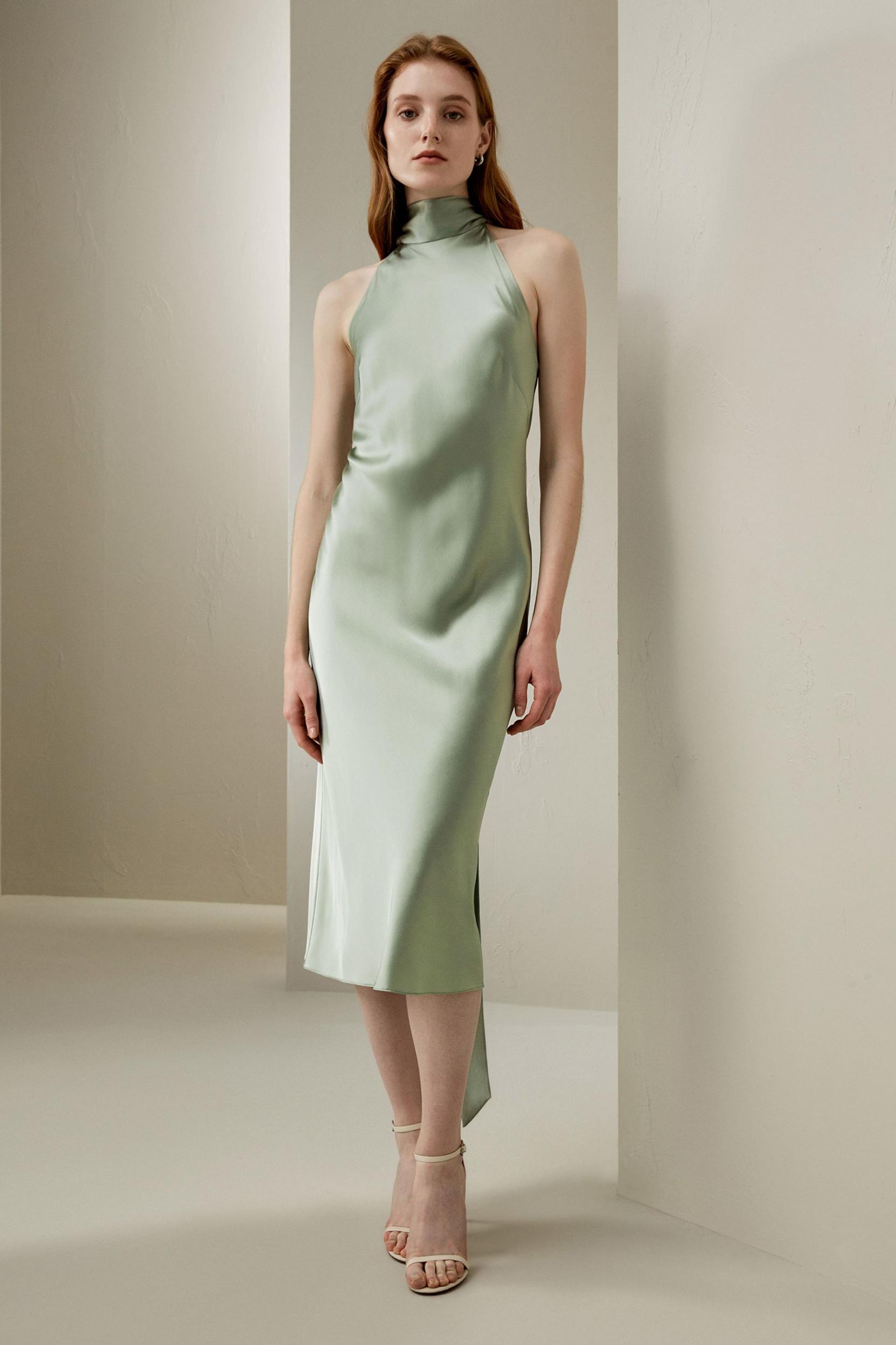 Halter Neck Open Back Silk Dress Product Image