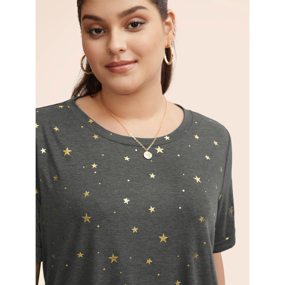 Plus Size Star Glitter Cuffed Sleeve Crew Neck T-shirt DimGray Women Casual Heather Moon and Star Round Neck Dailywear T-shirts BloomChic 14-16/1X Product Image