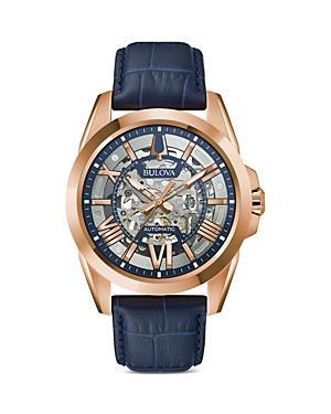 Mens Bulova Blue Leather Strap Automatic Skeleton Watch - 97A161 Product Image