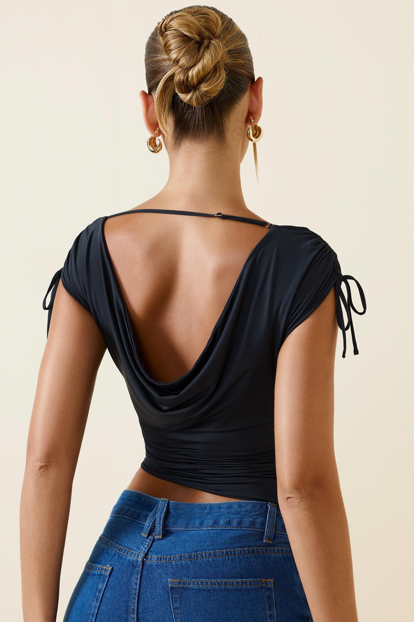 Asymmetric Ruched Cowl-Back Crop Top in Black Product Image