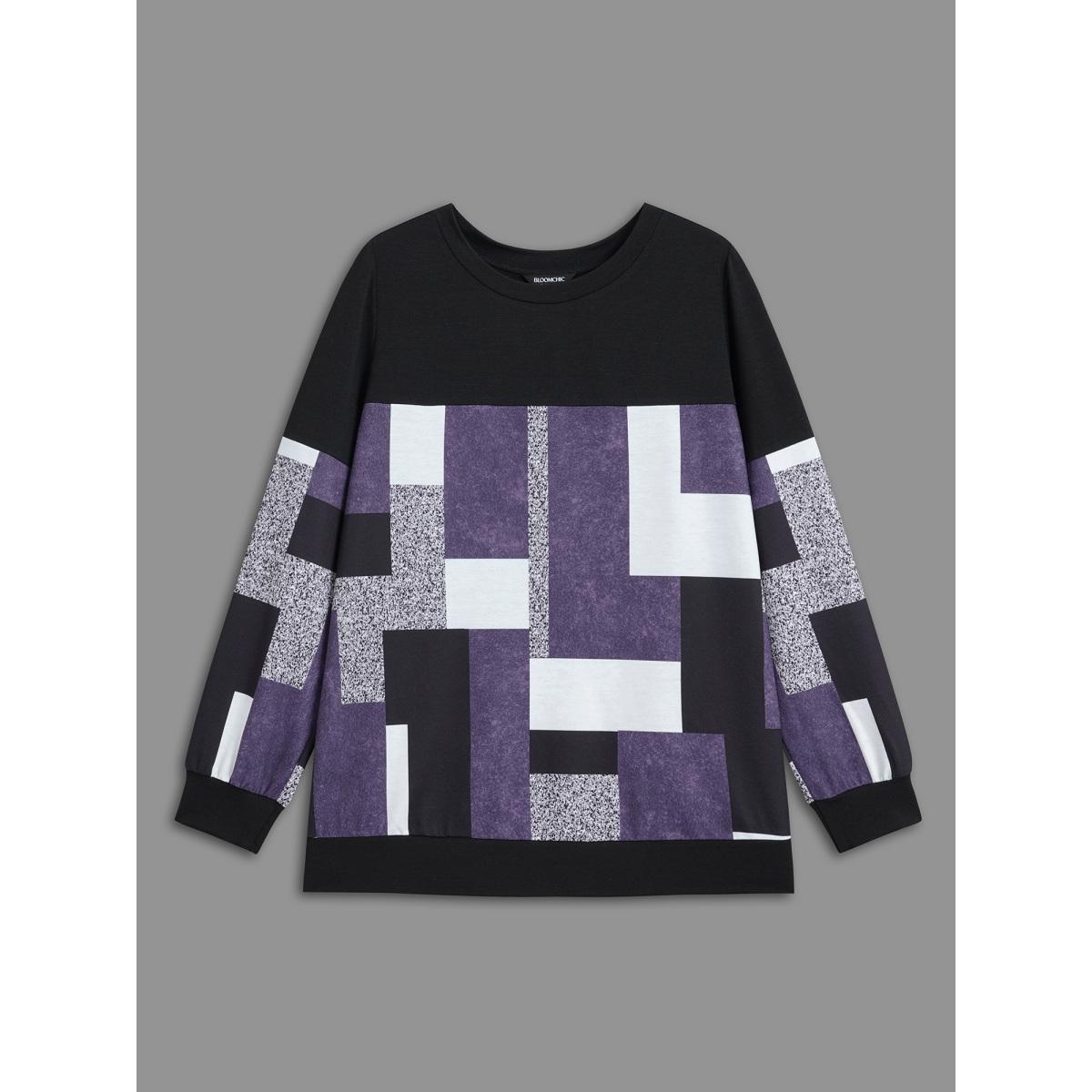 Plus Size Crew Neck Geometric Patchwork Sweatshirt Women Deeppurple Casual Contrast Loose Round Neck Everyday Sweatshirts BloomChic 28/5X Product Image