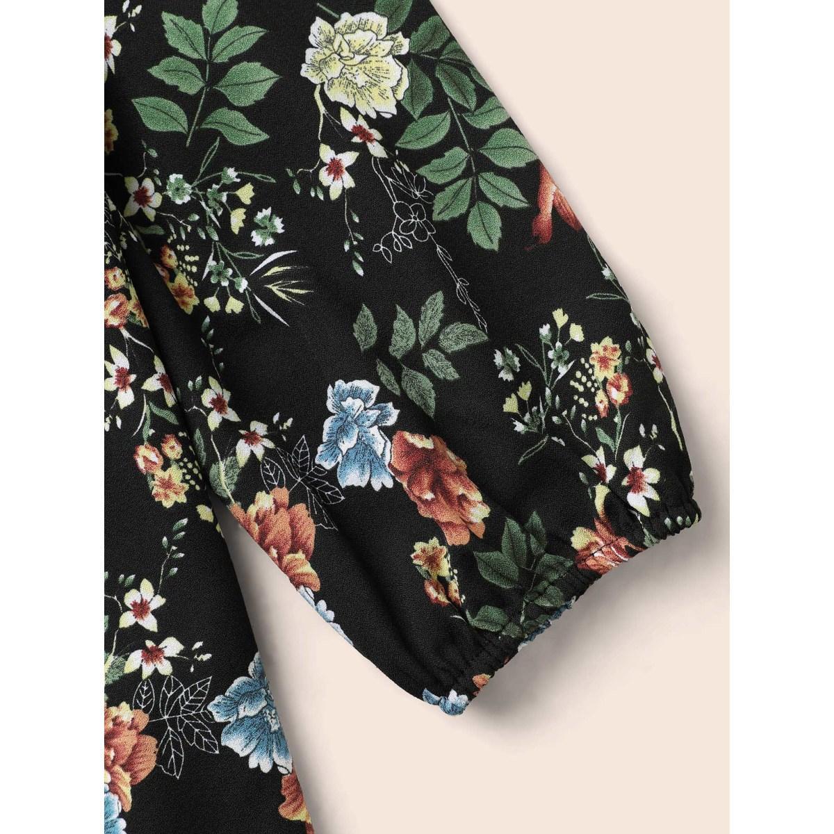 Plus Size Black Floral Notched Pleated Lantern Sleeve Blouse Women Elegant Extra Long Sleeve Notched collar Everyday Blouses BloomChic 12/L Product Image