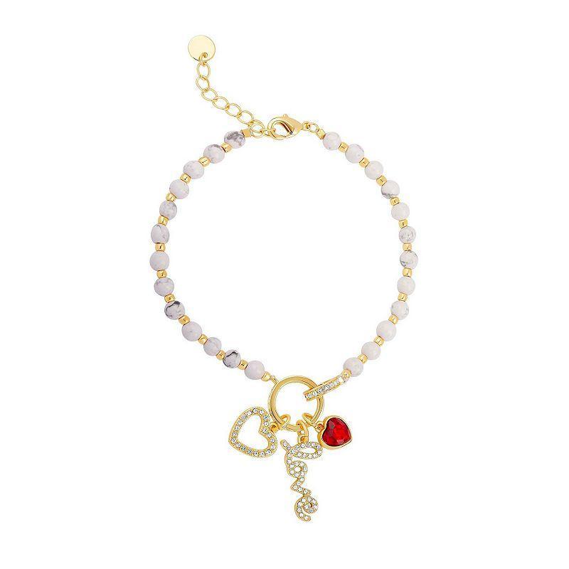 18k Gold Plated Crystal Howlite Beaded Heart & Love Charm Bracelet, Womens Yellow Gold Tone Gray Product Image