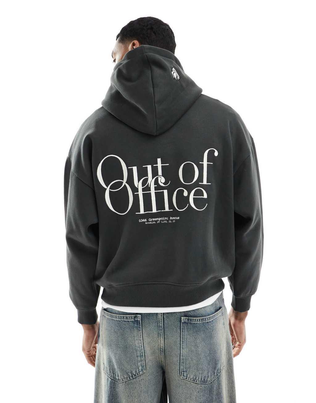 Pull&Bear out of office embroidered hoodie in dark green Product Image