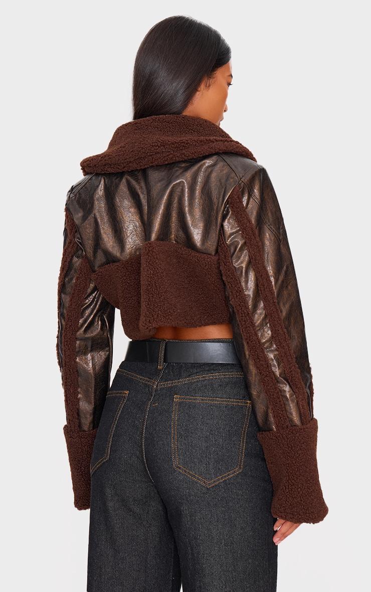 Chocolate Borg Trim Textured Look Faux Leather Aviator Jacket Product Image