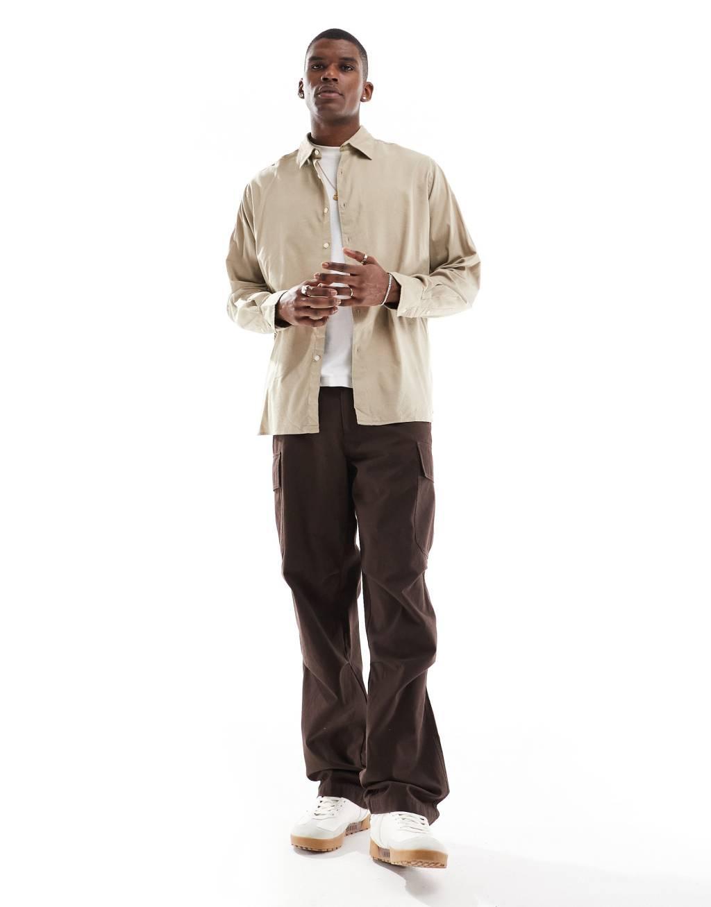 Jack & Jones oversized cotton shirt in beige Product Image