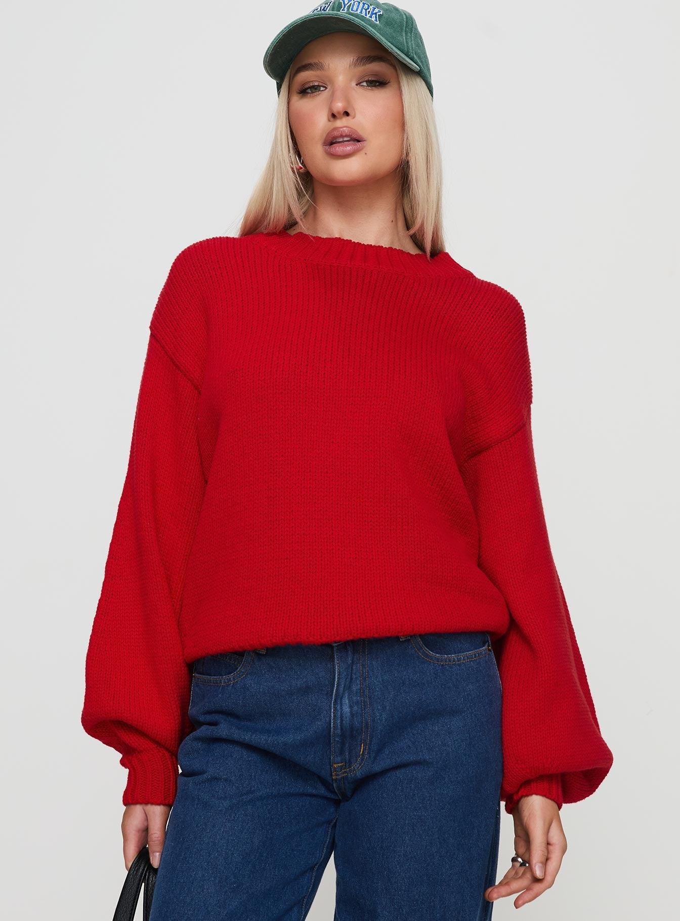Harmony Balloon Sleeve Knit Sweater Red Product Image