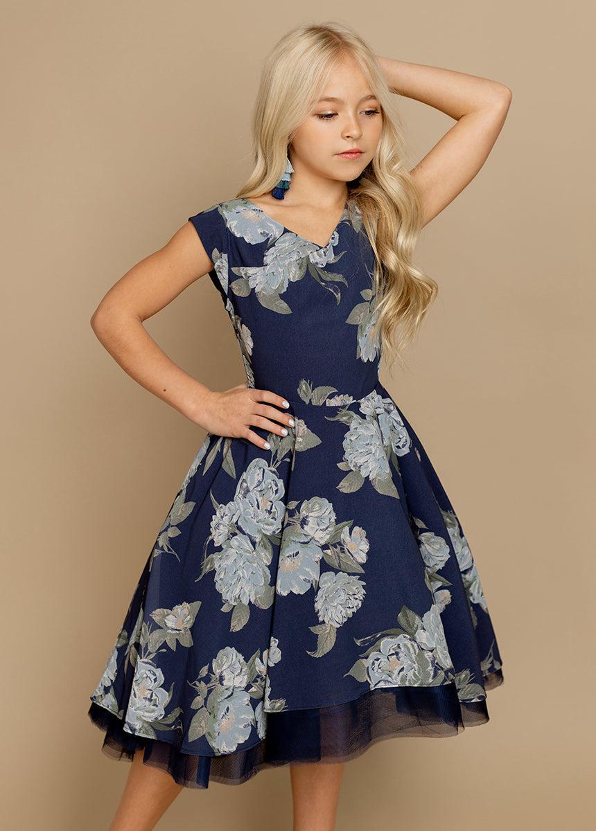 Lezah Petticoat Dress in Large Navy Floral Girls Product Image