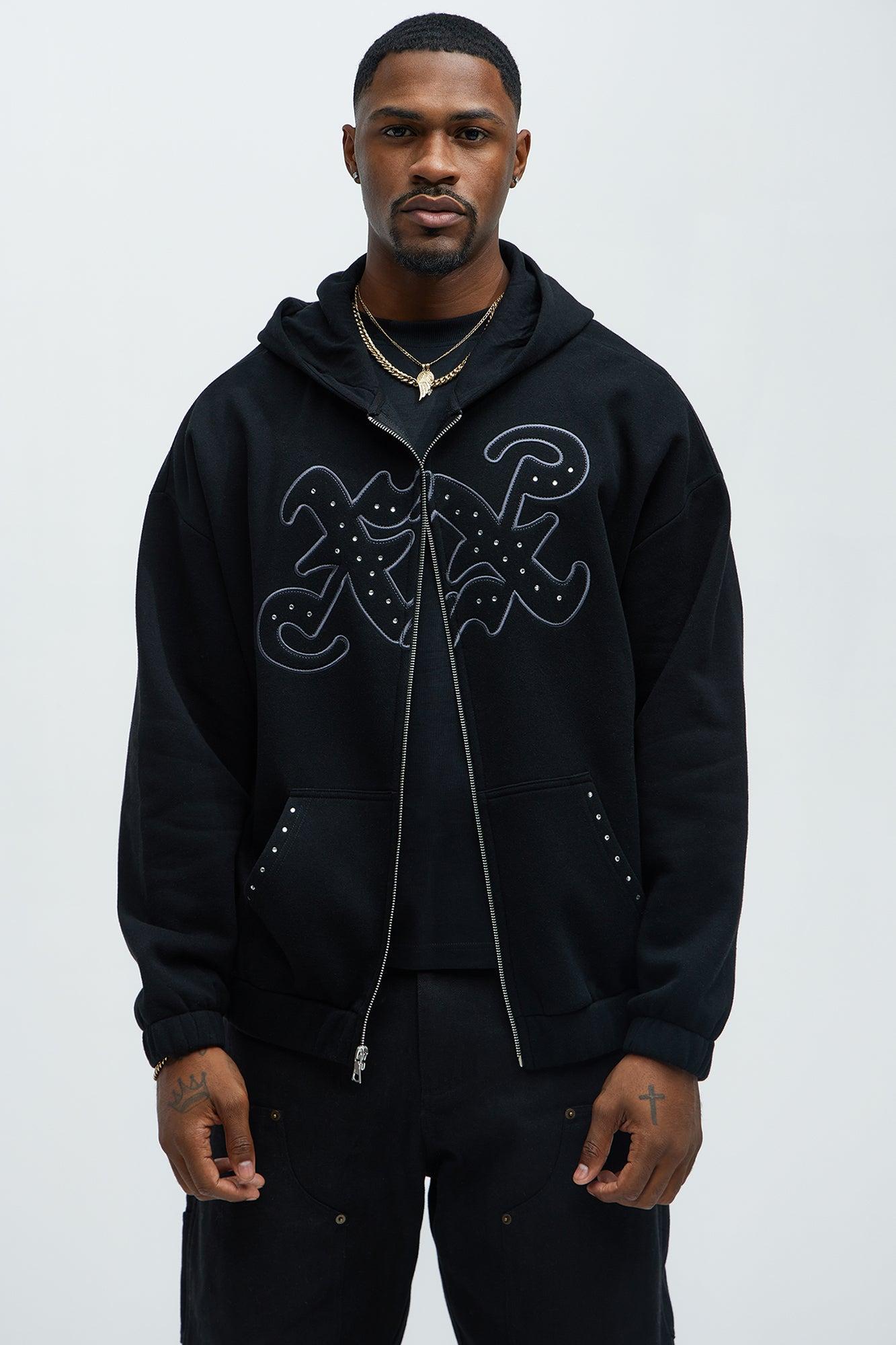 Tyson Rhinestone Oversized Zip Up Hoodie - Black Product Image