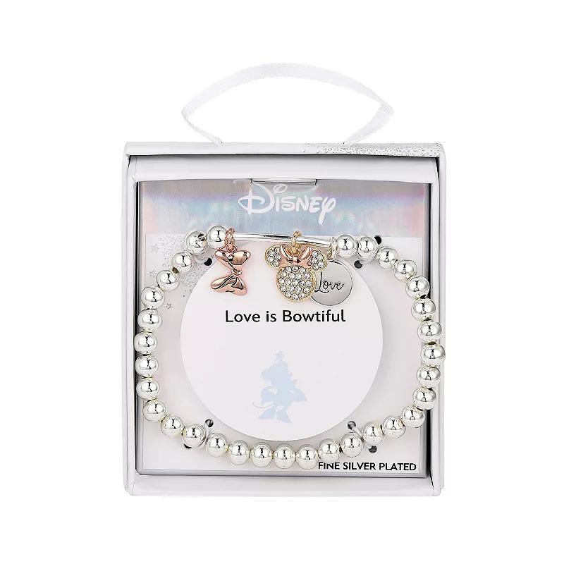 Disneys Minnie Mouse Fine Silver Plated Crystal Bow Beaded Stretch Bracelet, Womens Product Image