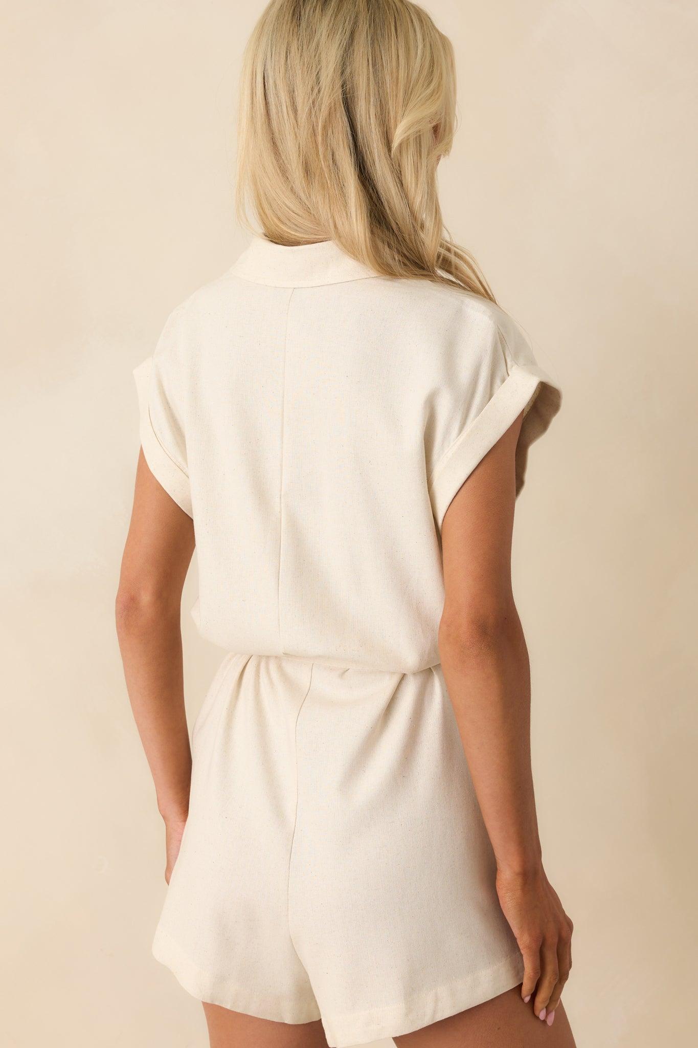 The Way It All Aligns Natural Ivory Linen Blend Button Front Romper Product Image