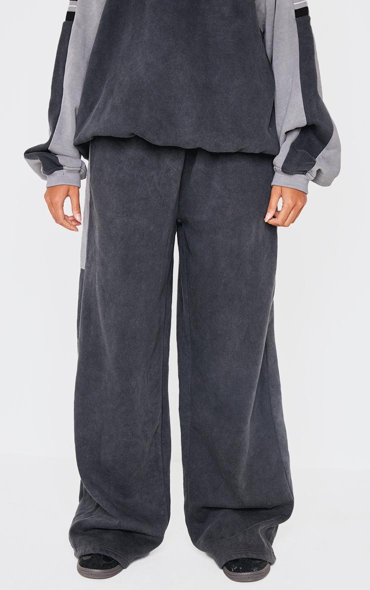  Washed Charcoal Striped Rib Panel Wide Leg Sweatpants Product Image