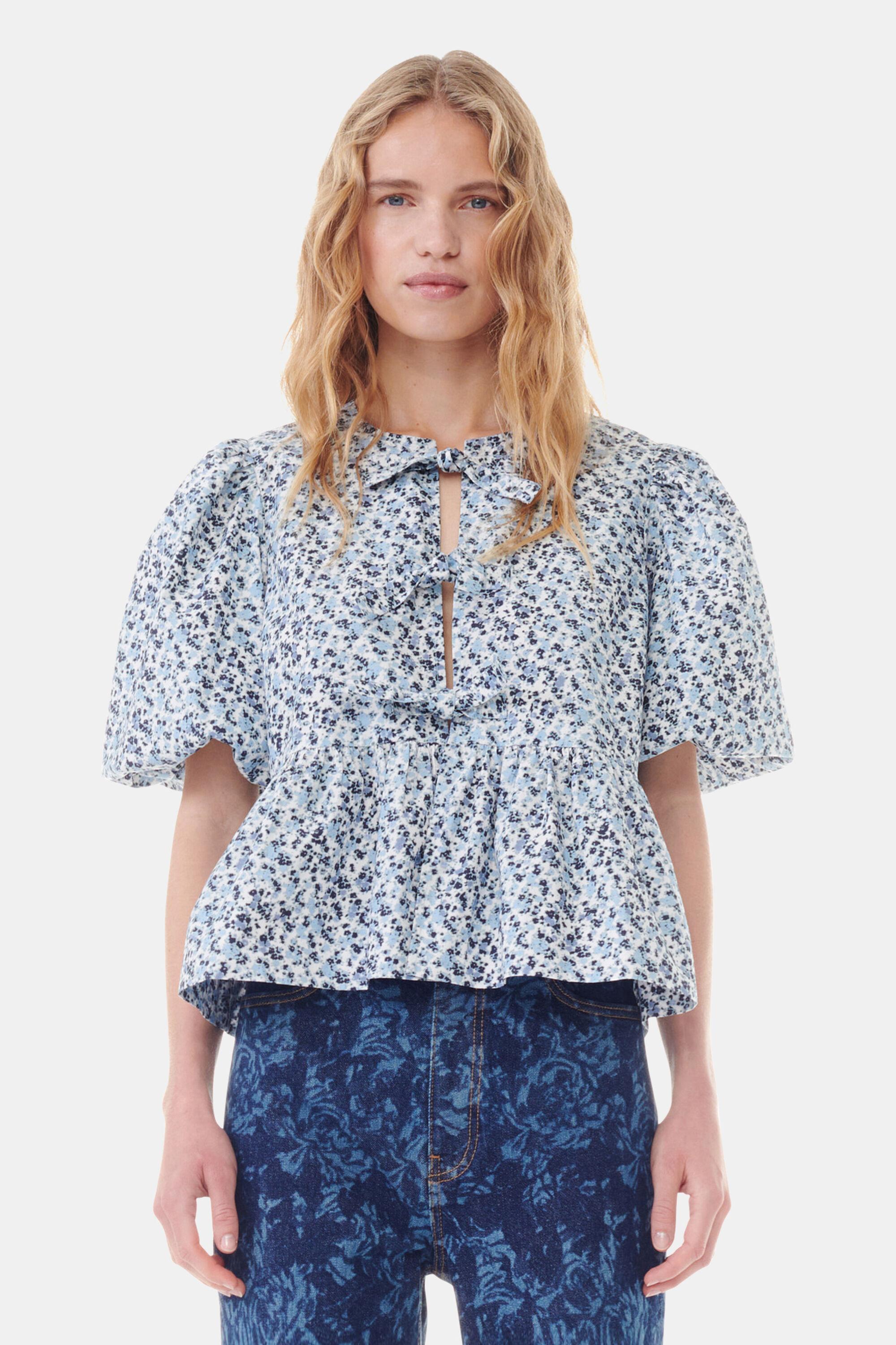 Floral Printed Cotton Poplin Peplum Blouse Product Image