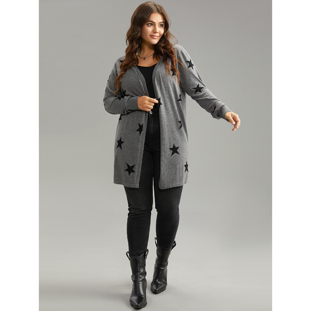 Plus Size Supersoft Essentials Star Print Open Front Cardigan DimGray Women Casual Loose Long Sleeve Dailywear Cardigans BloomChic 30/6X Product Image
